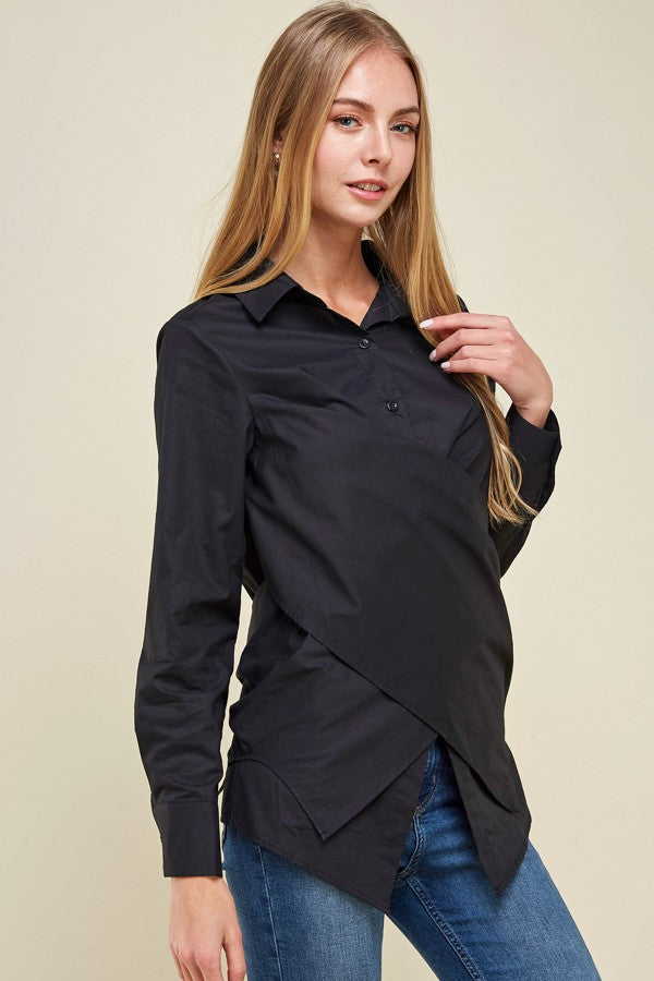 Black Crossover Woven Buttoned Casual Shirt Top - steven wick