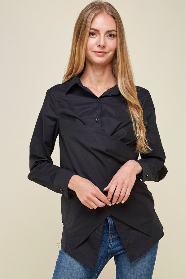 Black Crossover Woven Buttoned Casual Shirt Top - steven wick