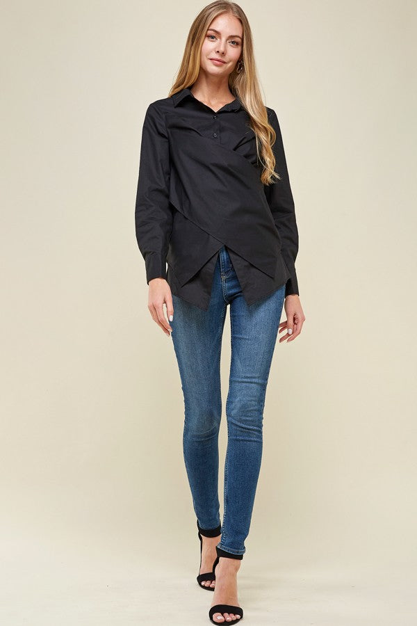 Black Crossover Woven Buttoned Casual Shirt Top - steven wick