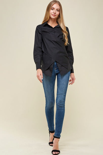 Black Crossover Woven Buttoned Casual Shirt Top - steven wick