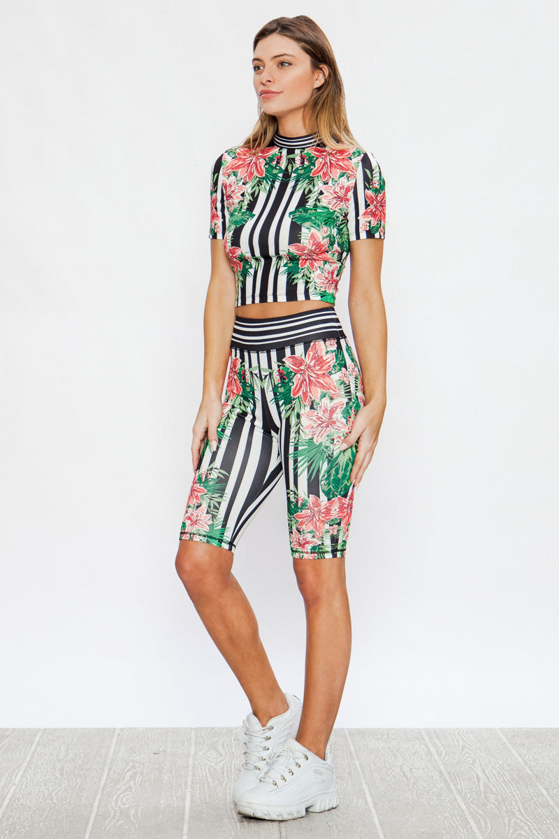 Black Tropical Striped Top And Biker Short Matching Set Print - steven wick