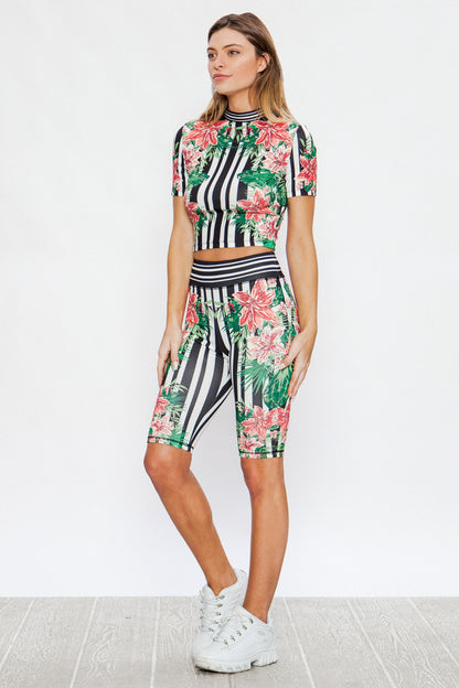 Black Tropical Striped Top And Biker Short Matching Set Print - steven wick
