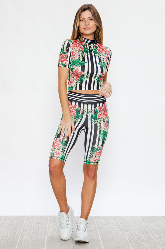 Black Tropical Striped Top And Biker Short Matching Set Print - steven wick