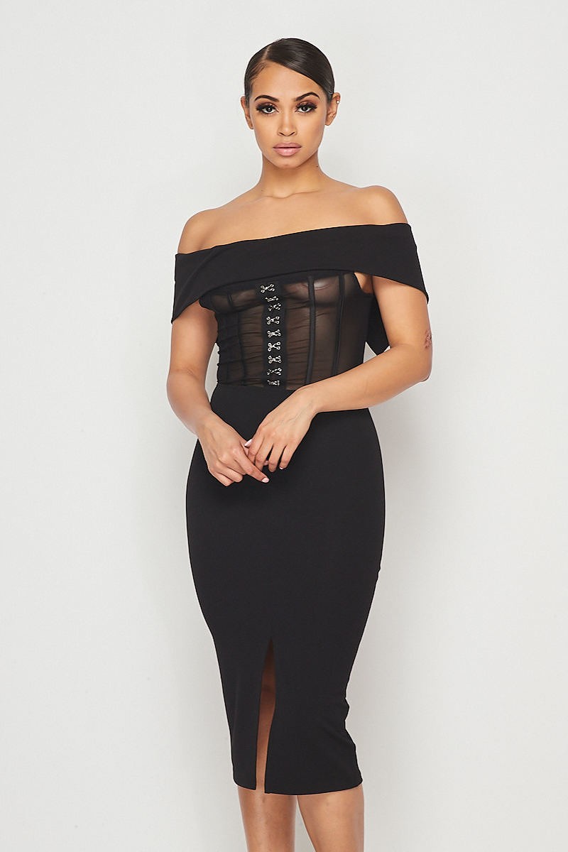 Black Mesh Hook &amp; Eye Off Shoulder Bodycon Midi Dress - steven wick