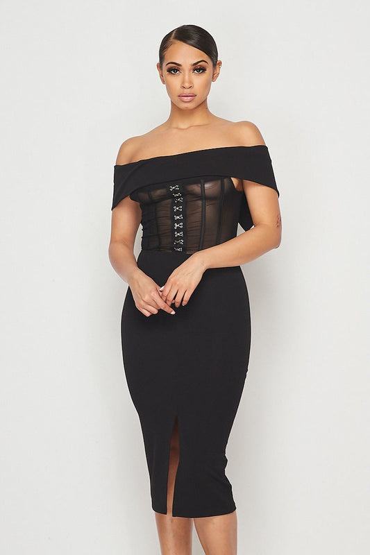 Black Mesh Hook &amp; Eye Off Shoulder Bodycon Midi Dress - steven wick