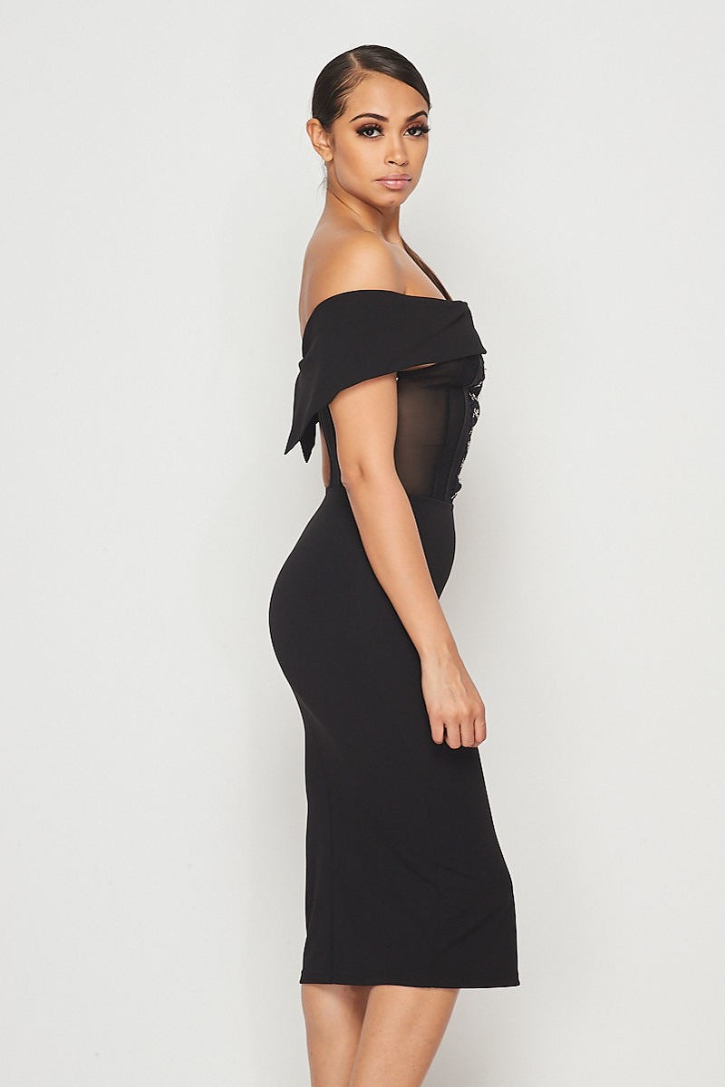 Black Mesh Hook &amp; Eye Off Shoulder Bodycon Midi Dress - steven wick