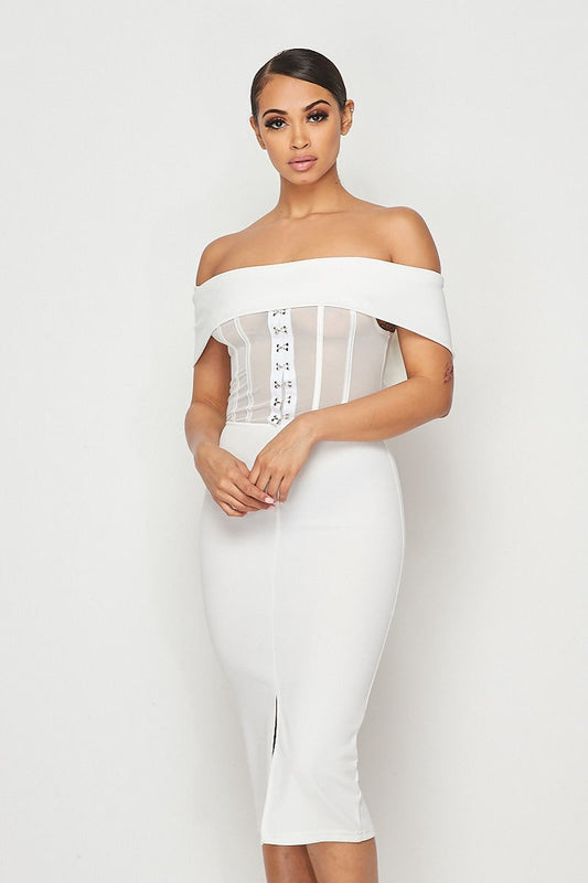 White Mesh Hook &amp; Eye Off Shoulder Bodycon Midi Dress - steven wick