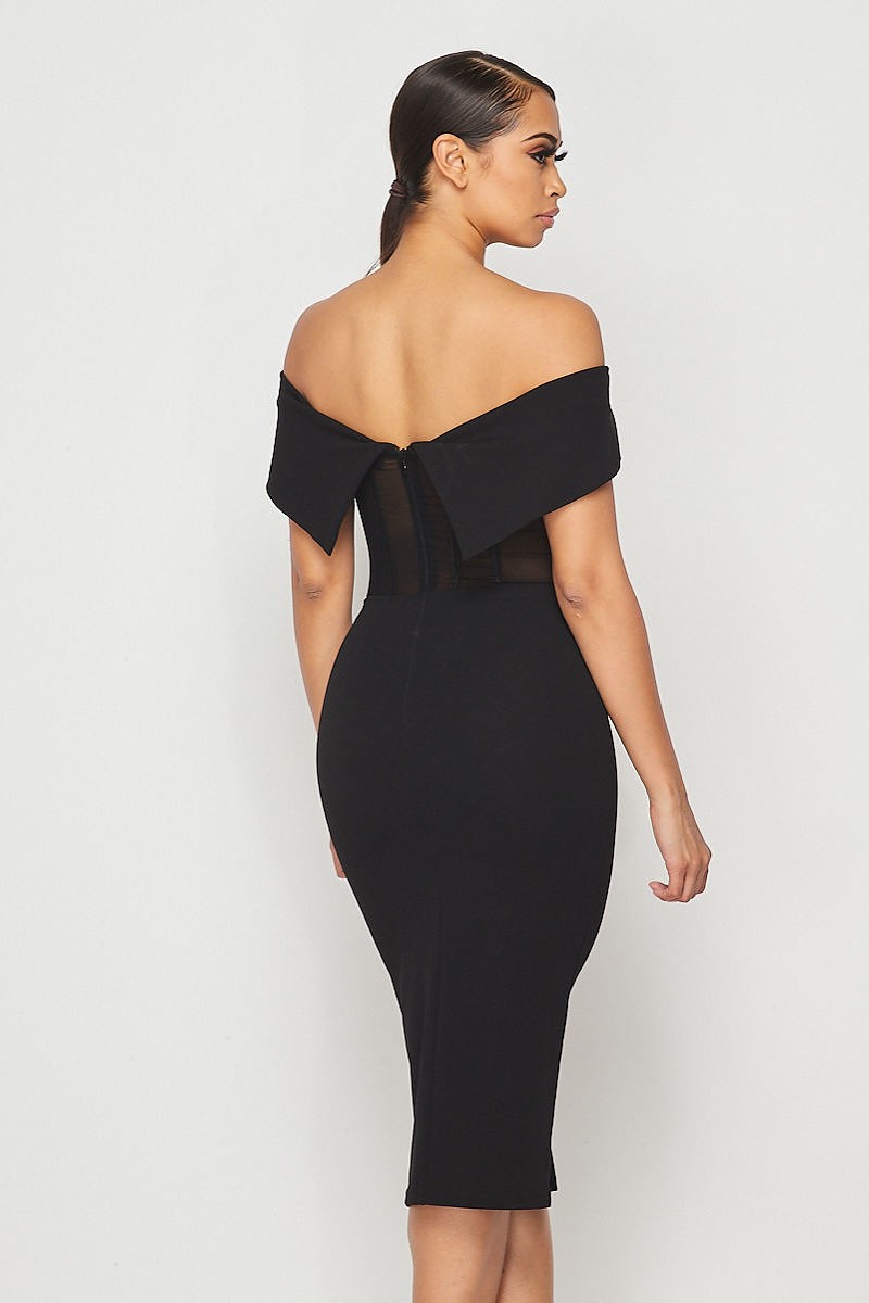 Black Mesh Hook &amp; Eye Off Shoulder Bodycon Midi Dress - steven wick