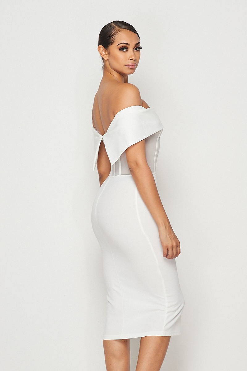 White Mesh Hook & Eye Off Shoulder Bodycon Midi Dress Small / White White Mesh Hook & Eye Off Shoulder Bodycon Midi Dress Small / White