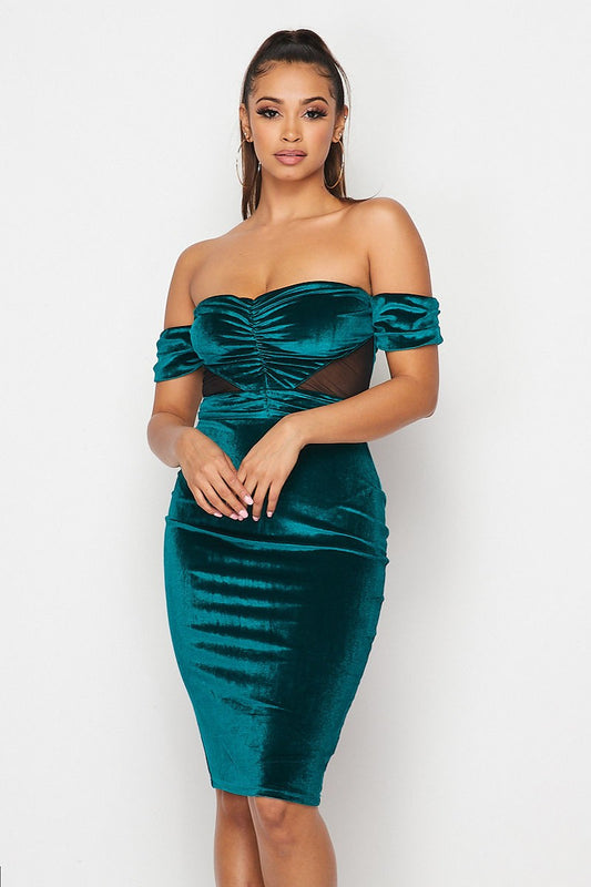 Emerald Green Off Shoulder Bodycon Velvet Dress - steven wick
