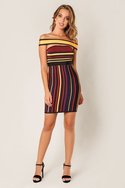 Mustard Multi Colored Off Shoulder Bandage Dress Medium / Mustard Mustard Multi Colored Off Shoulder Bandage Dress Medium / Mustard