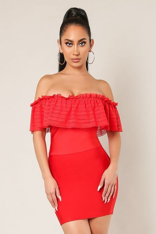 Red Off Shoulder Ruffled Bandage Crop Top - steven wick