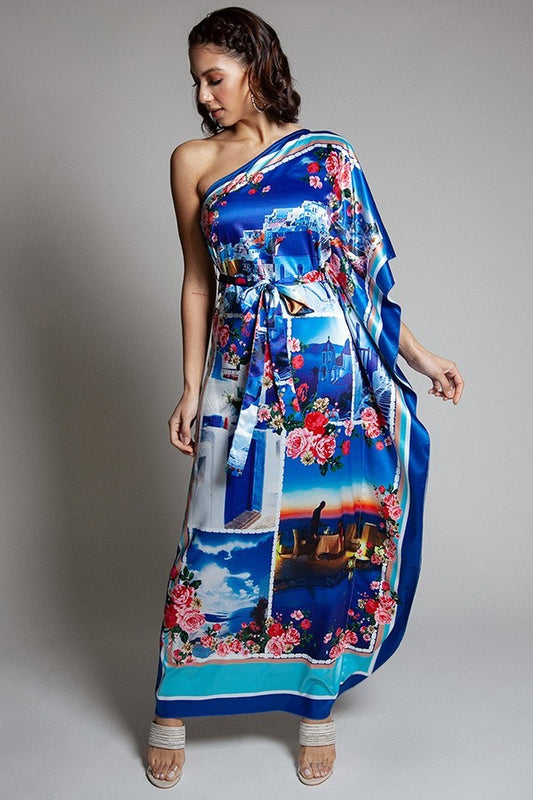 Vacation In Greece Floral One Shoulder Maxi Dress - steven wick