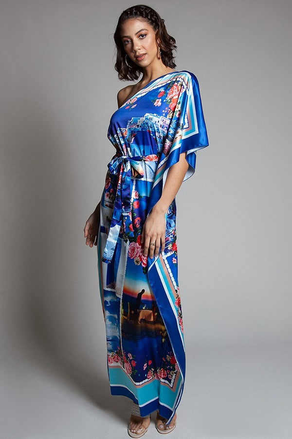 Vacation In Greece Floral One Shoulder Maxi Dress - steven wick