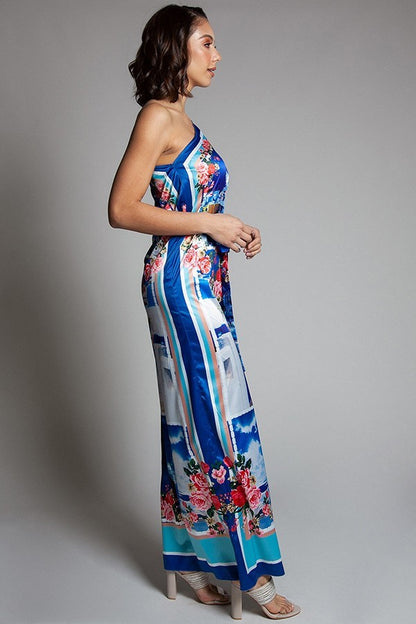 Vacation In Greece Floral One Shoulder Maxi Dress - steven wick