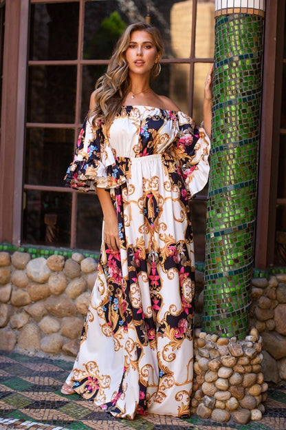 Camila Multi Color Off Shoulder Bell Sleeve Maxi Print Dress - steven wick