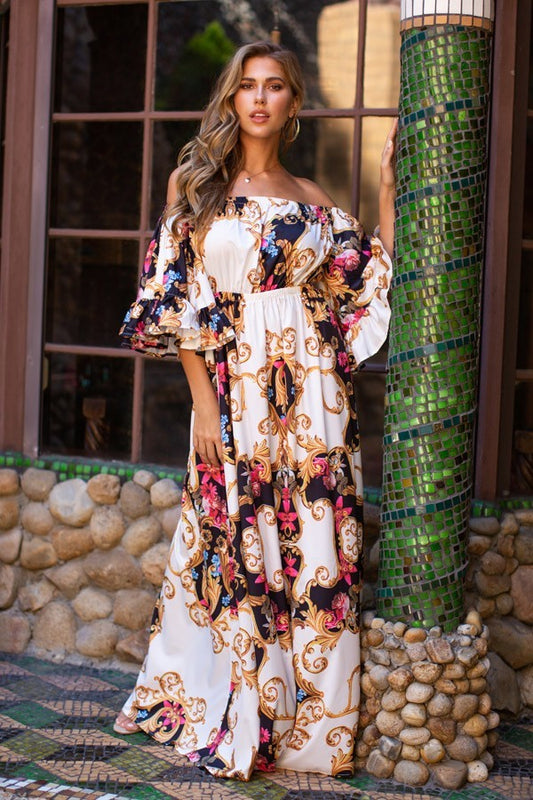 Camila Multi Color Off Shoulder Bell Sleeve Maxi Print Dress - steven wick