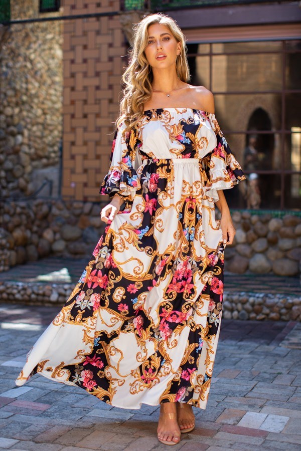 Camila Multi Color Off Shoulder Bell Sleeve Maxi Print Dress - steven wick