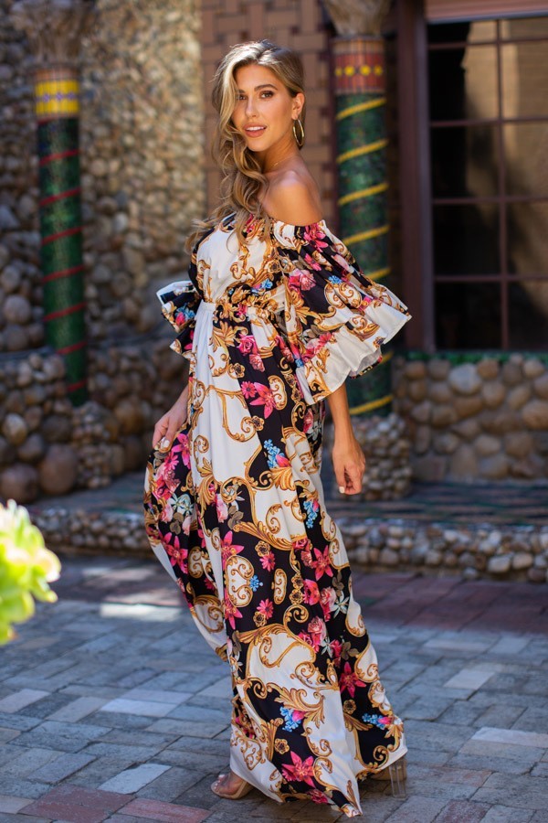Camila Multi Color Off Shoulder Bell Sleeve Maxi Print Dress - steven wick