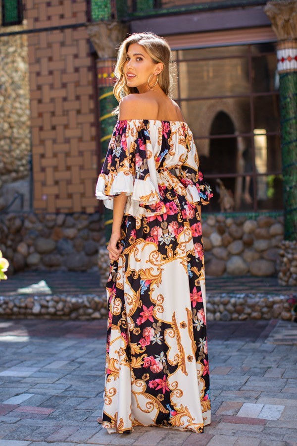 Camila Multi Color Off Shoulder Bell Sleeve Maxi Print Dress - steven wick