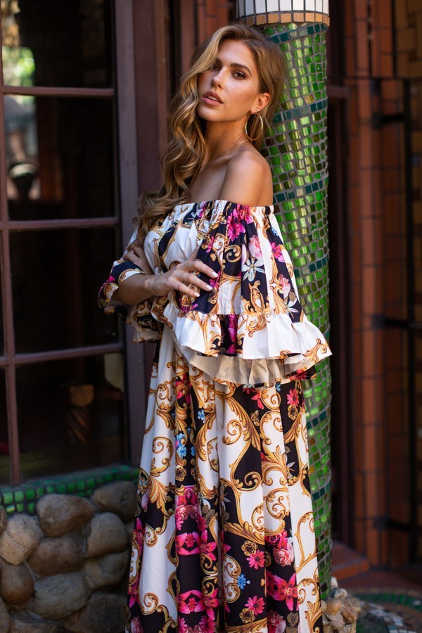 Camila Multi Color Off Shoulder Bell Sleeve Maxi Print Dress - steven wick