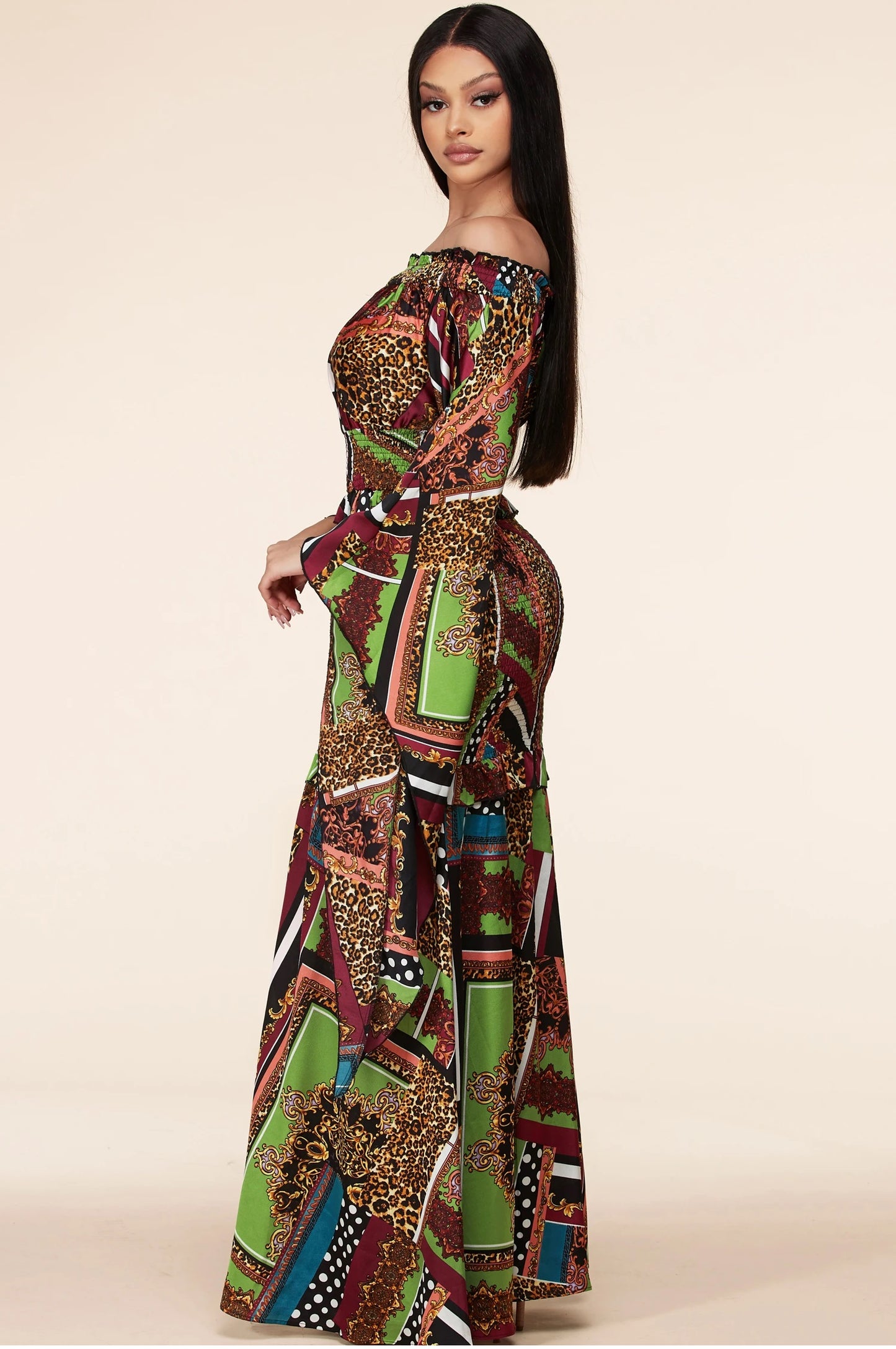Mix Pattern Multi-Color Maxi Dress With Kimono Sleeves - steven wick