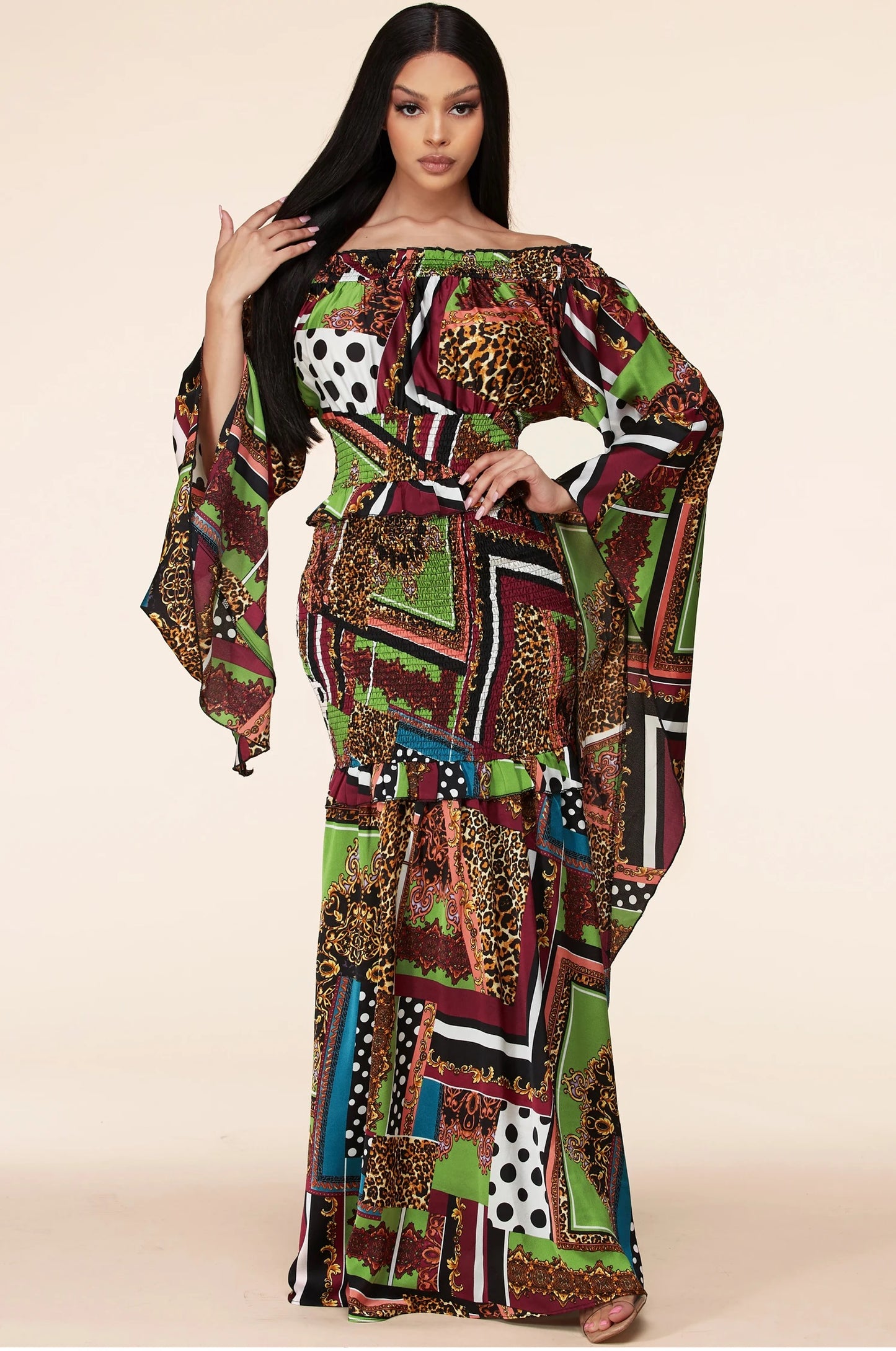 Mix Pattern Multi-Color Maxi Dress With Kimono Sleeves - steven wick