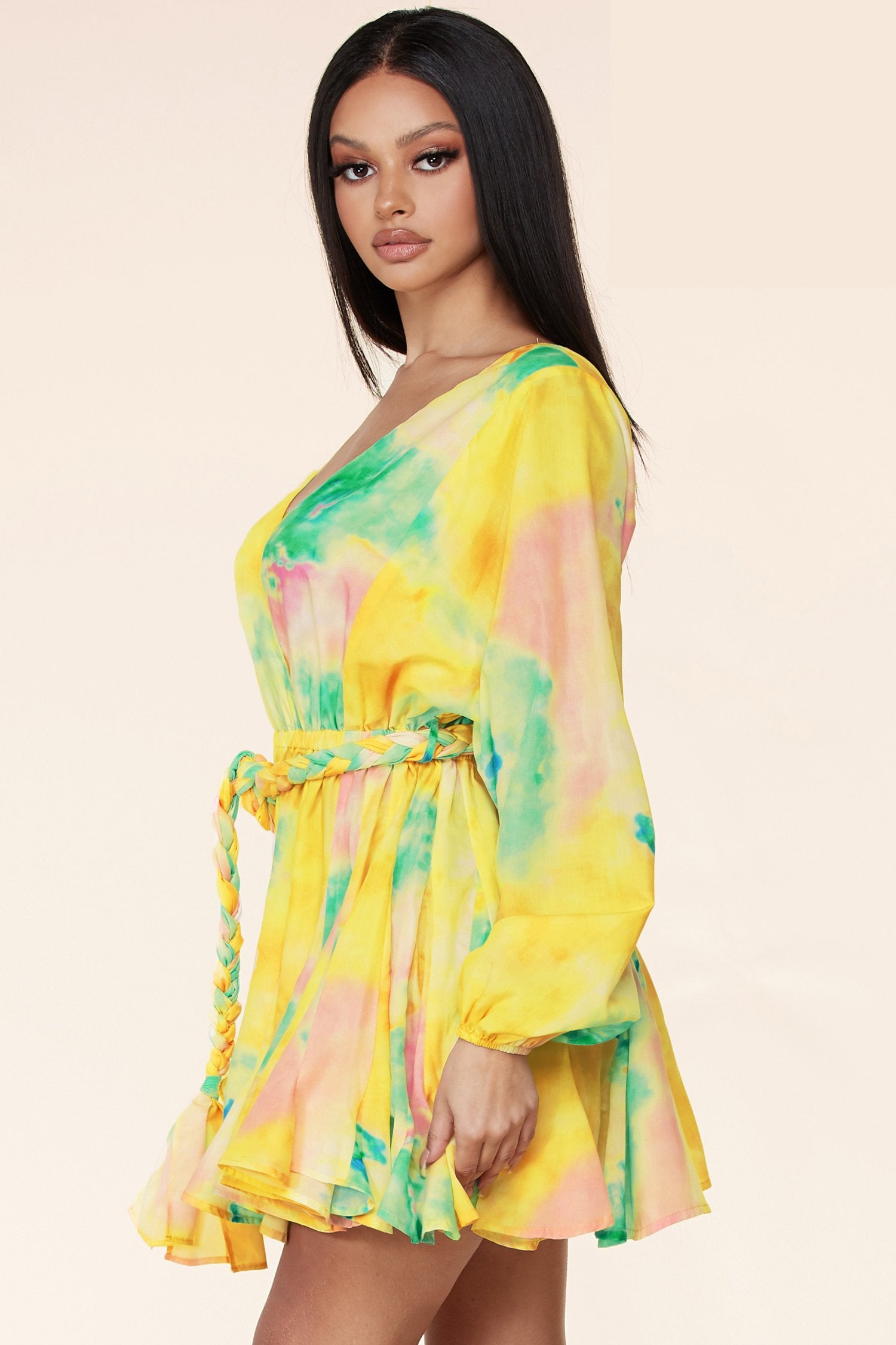Long Sleeve Multi-Color Tie Dye Mini Dress - steven wick