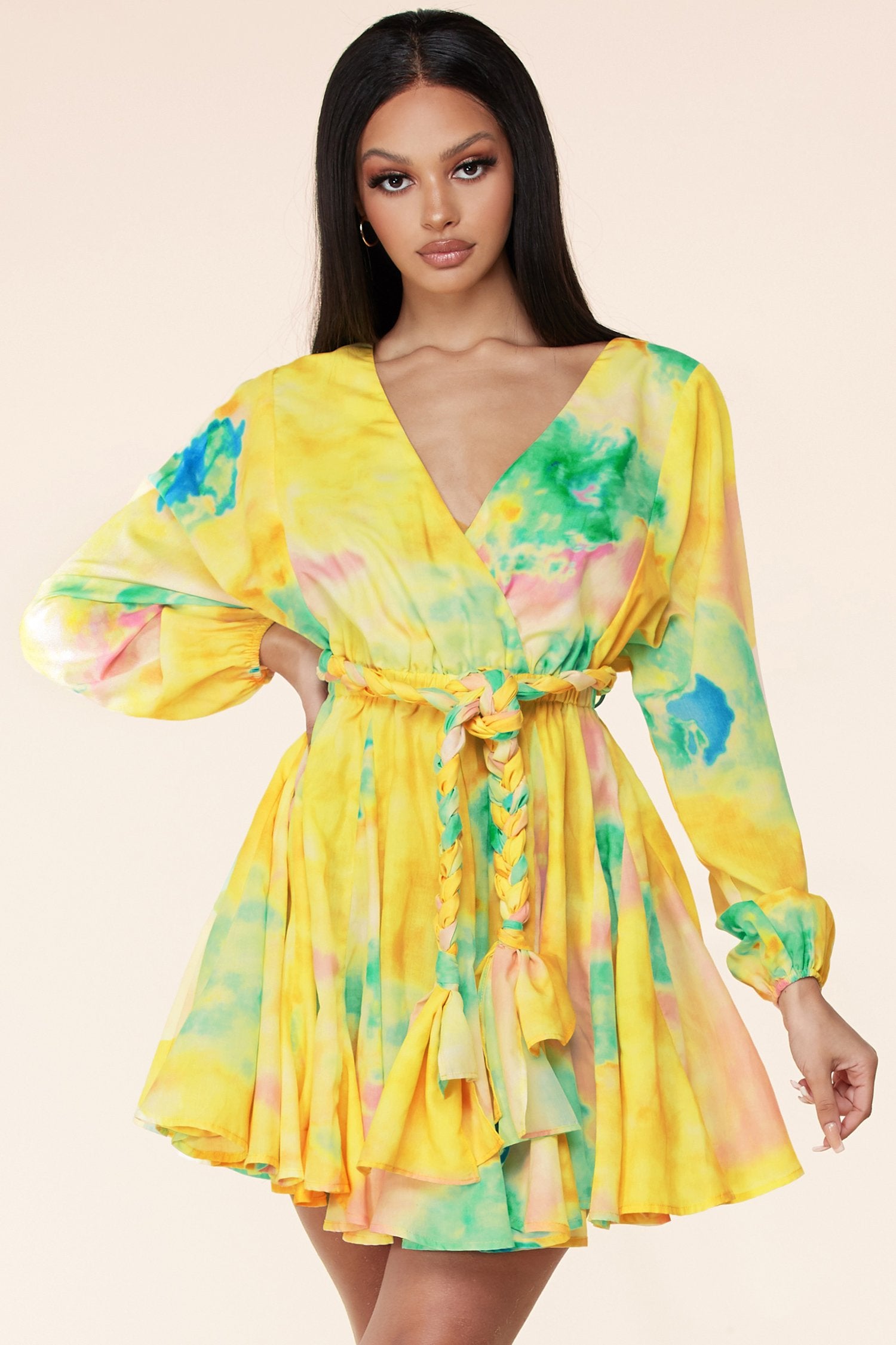 Long Sleeve Multi-Color Tie Dye Mini Dress - steven wick