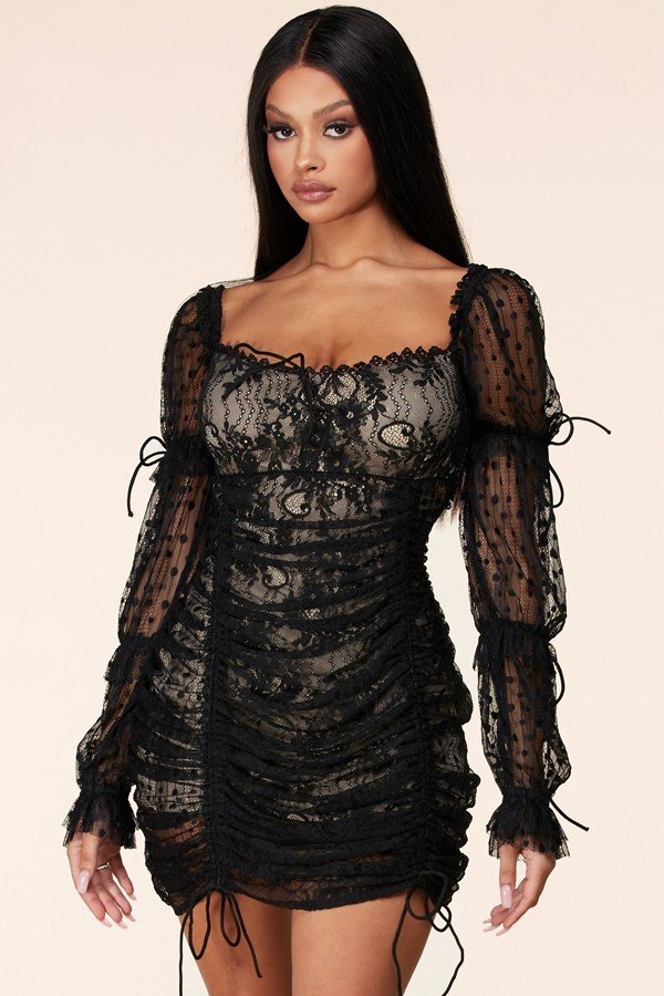Emani Black Lace Ruched Mini Dress Medium / Black Lace Emani Black Lace Ruched Mini Dress Medium / Black Lace