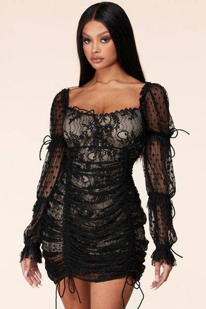 Emani Black Lace Ruched Mini Dress - steven wick