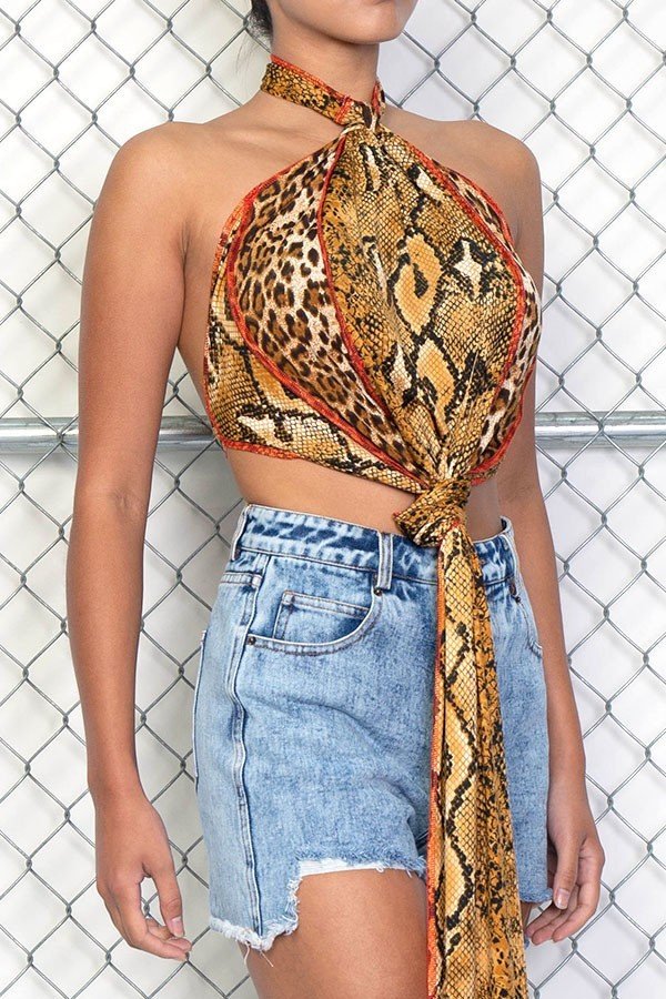 Snake Print Cropped Halter Top - steven wick