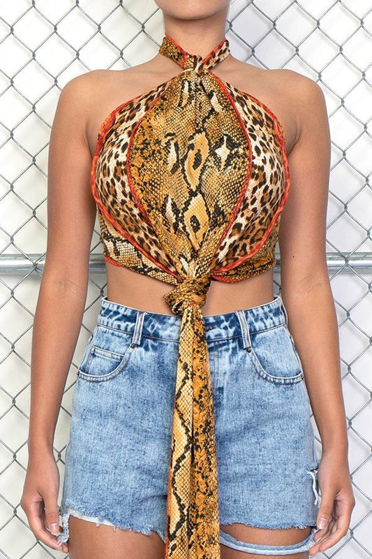 Snake Print Cropped Halter Top - steven wick