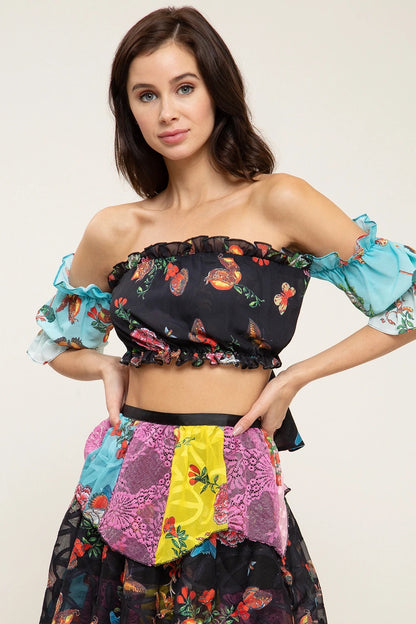 Butterfly Chiffon Floral Print Crop Top And Skirt Set - steven wick
