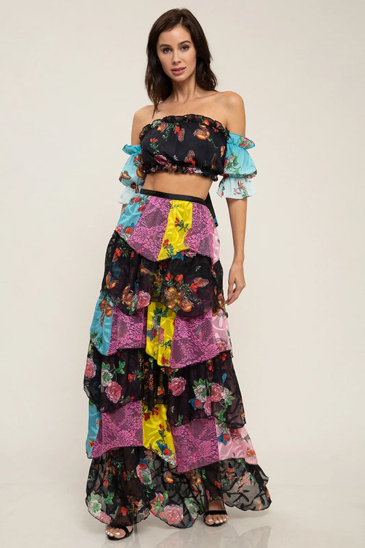 Butterfly Chiffon Floral Print Crop Top And Skirt Set - steven wick