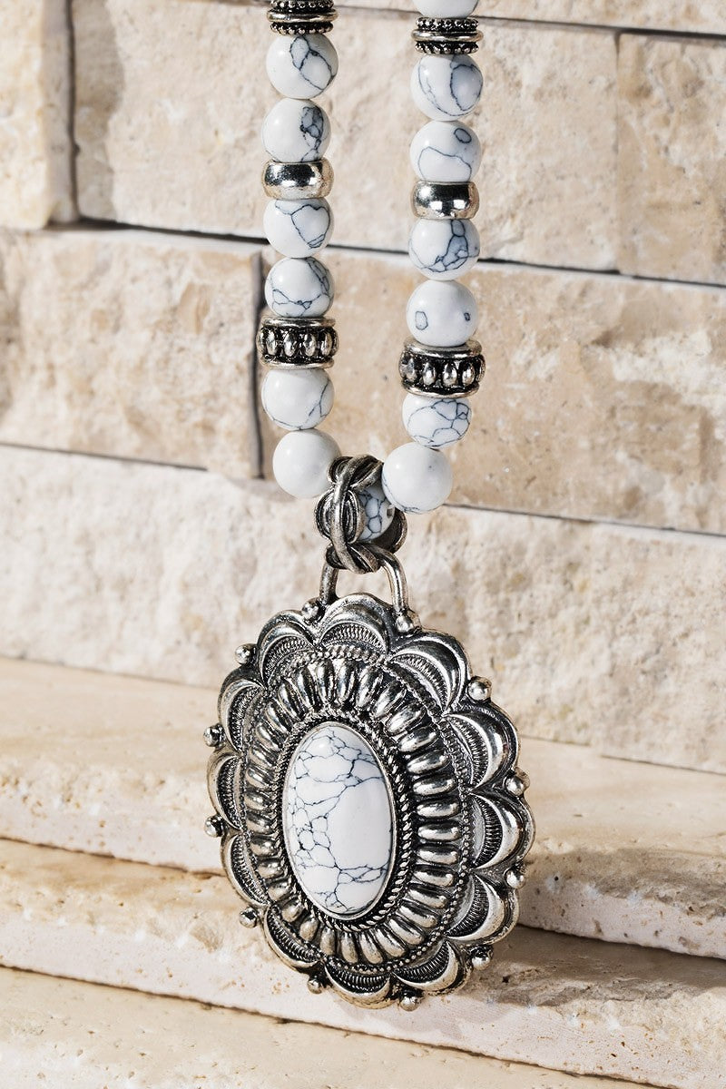 Howlite White Oval Concho Pendant Jewelry Set - steven wick
