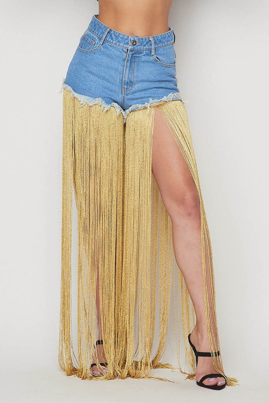 Gold Frayed Hem Denim Shorts - steven wick