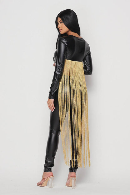 Minaj Black Faux Leather Top With Long Fold Tassels - steven wick