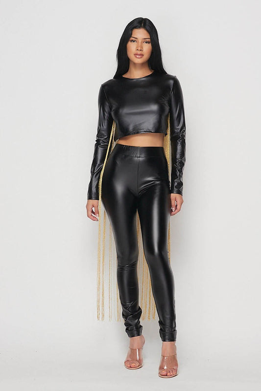 Minaj Black Faux Leather Top With Long Fold Tassels - steven wick