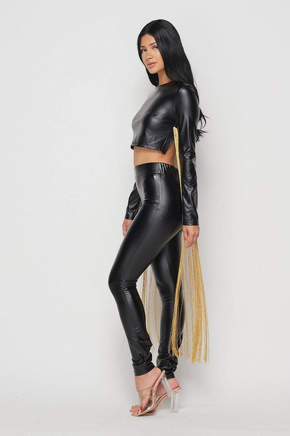 Minaj Black Faux Leather Top With Long Fold Tassels - steven wick