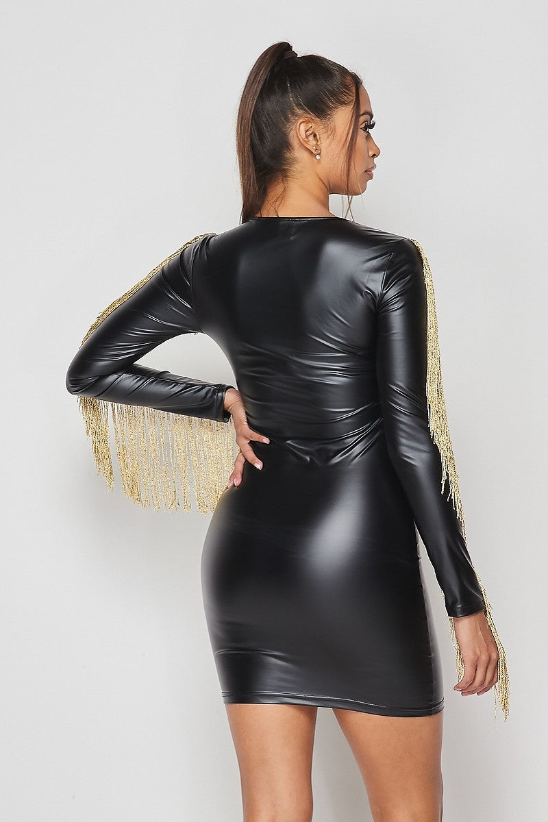 Taylor Black Mini Faux Leather Dress With Gold Tassels - steven wick