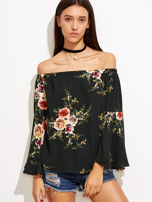 Black Floral Print Off Shoulder Top - steven wick