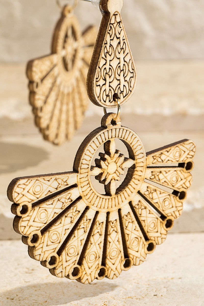 Mandala Fan Shape Laser Cut Wood Dangle Earrings - steven wick