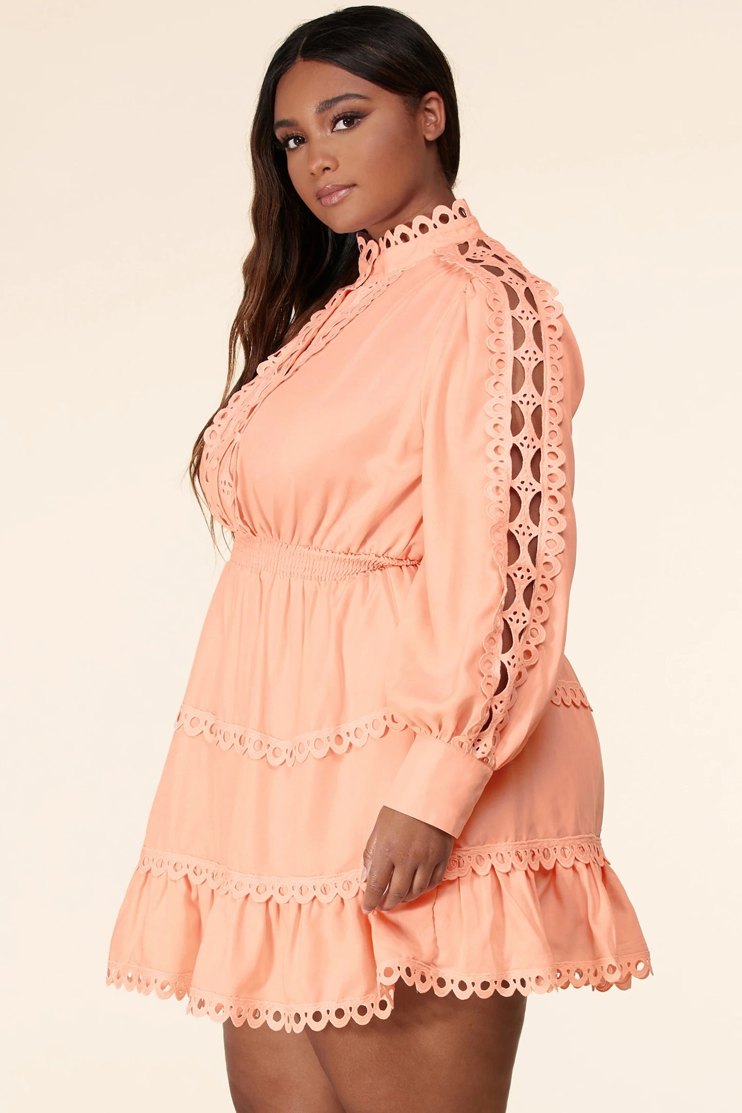 Plus Size Blush Lace Eyelet Long Sleeve Mini Dress - steven wick