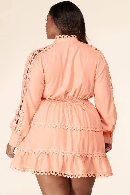 Plus Size Blush Lace Eyelet Long Sleeve Mini Dress - steven wick