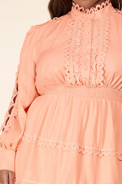 Plus Size Blush Lace Eyelet Long Sleeve Mini Dress - steven wick