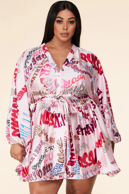 Plus-Size Pink Pop Long Sleeve Graphic Print Mini Dress - steven wick