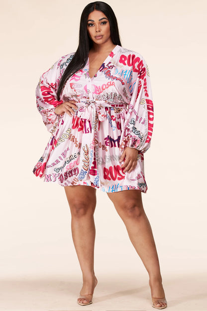 Plus-Size Pink Pop Long Sleeve Graphic Print Mini Dress - steven wick