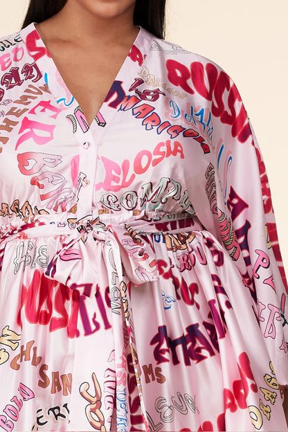 Plus-Size Pink Pop Long Sleeve Graphic Print Mini Dress - steven wick