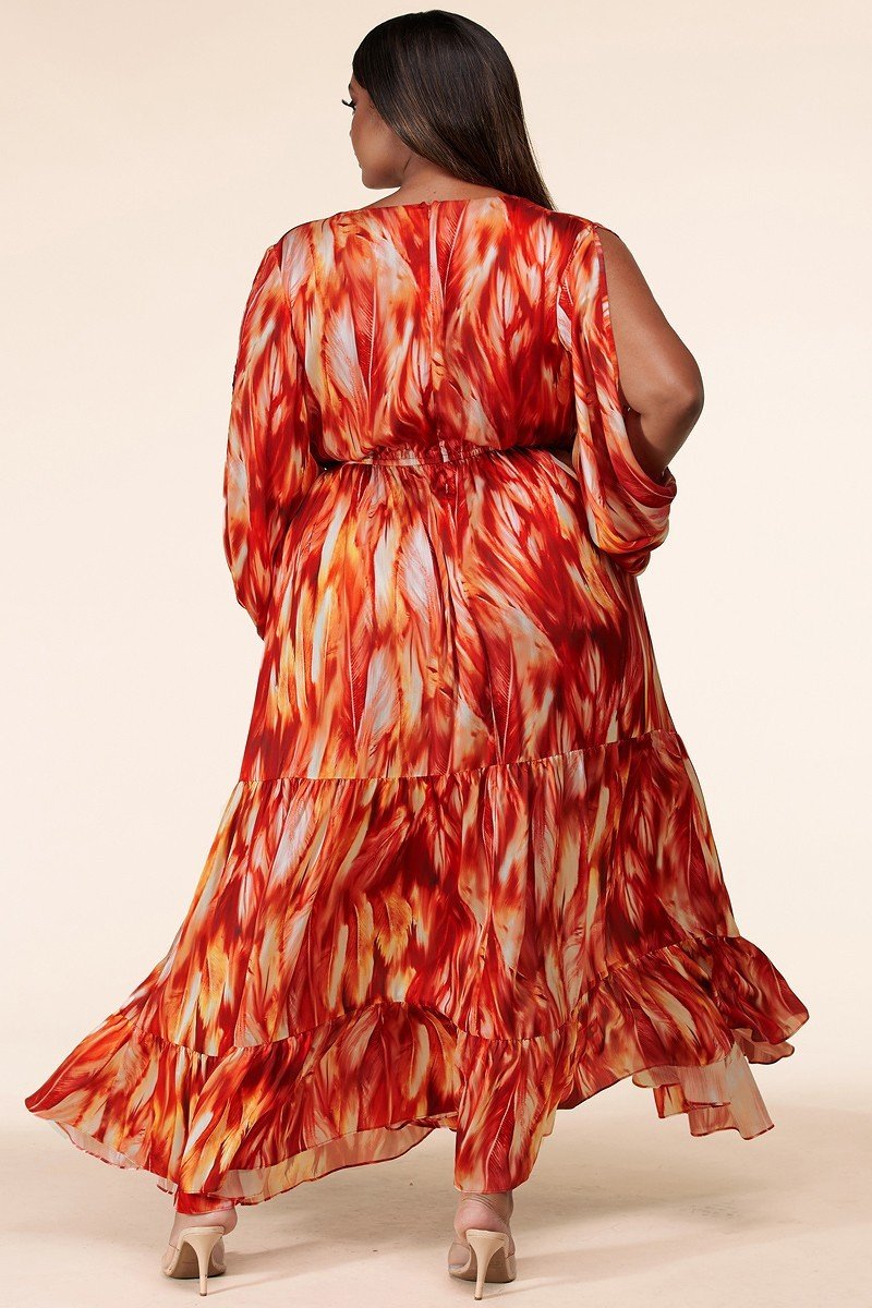 Plus-Size Fire Print Long Sleeve Maxi Dress - steven wick